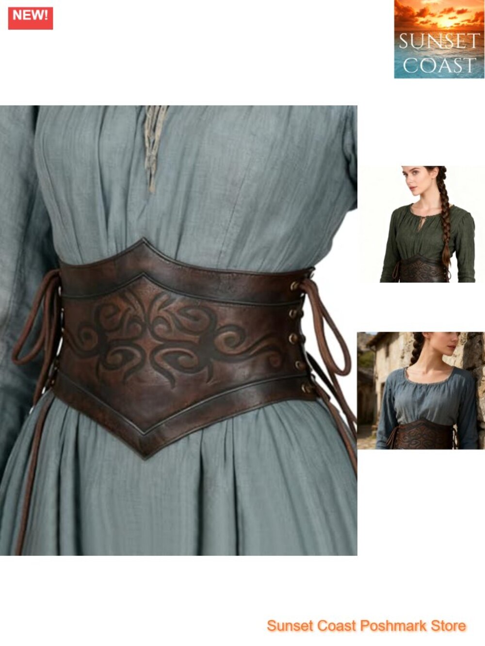 PU Leather Viking Corset Belt Medieval Wide Cinch Lace-Up Renaissance